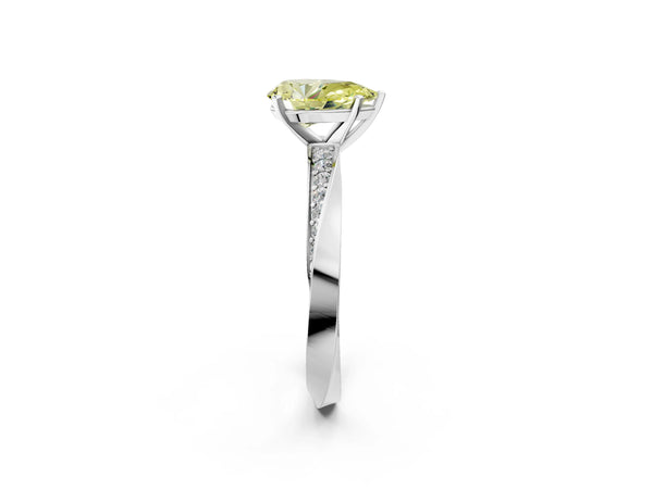 White gold Fancy Yellow Pear Cut Diamond Engagement Ring with Side Stone Accents and Four-Prong Setting