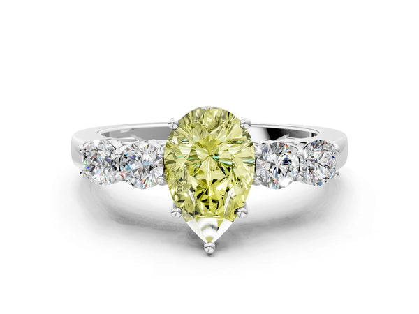 Platinum Fancy Yellow Pear  Cut Diamond Five-Stone Prong Set White Gold Ring