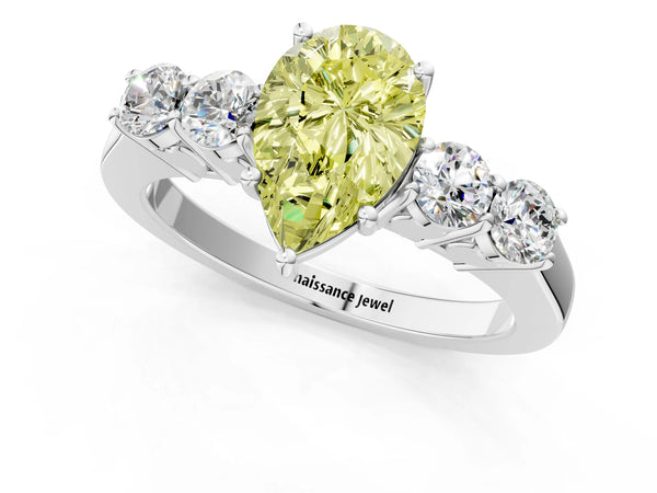 Platinum Fancy Yellow Pear  Cut Diamond Five-Stone Prong Set White Gold Ring