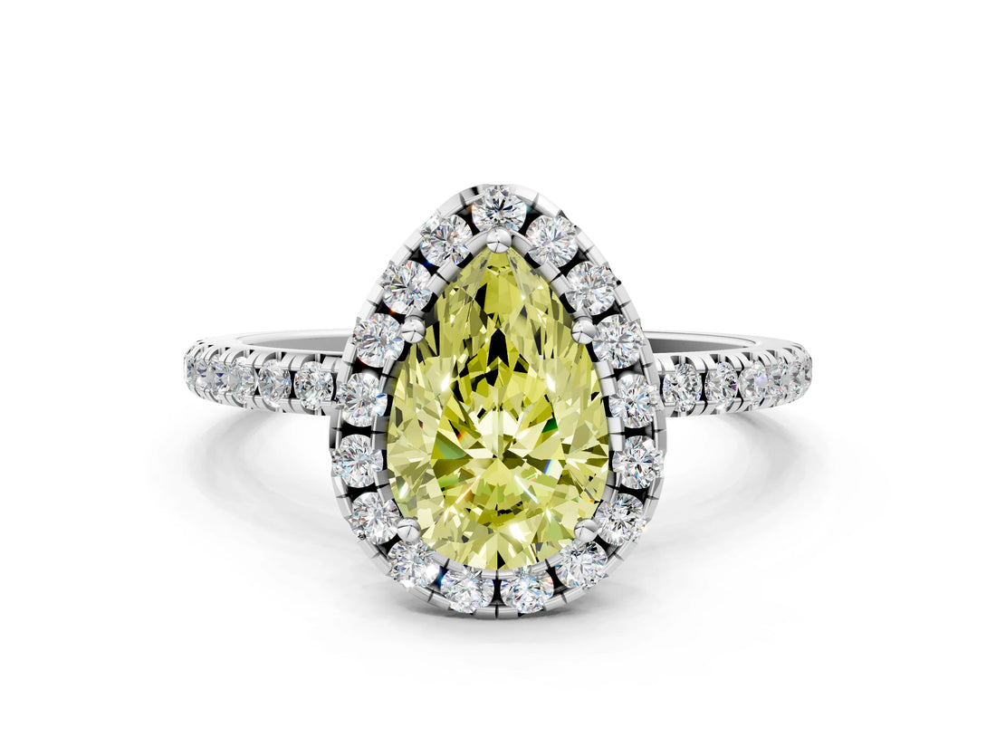 White gold Fancy Yellow Pear  Cut Diamond Floral Halo Engagement Ring with Pavé Band and Prong Setting_49