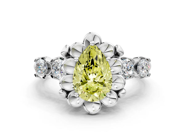 White gold Fancy Yellow Pear  Cut Diamond Floral Halo Engagement Ring with Shared Prong Setting