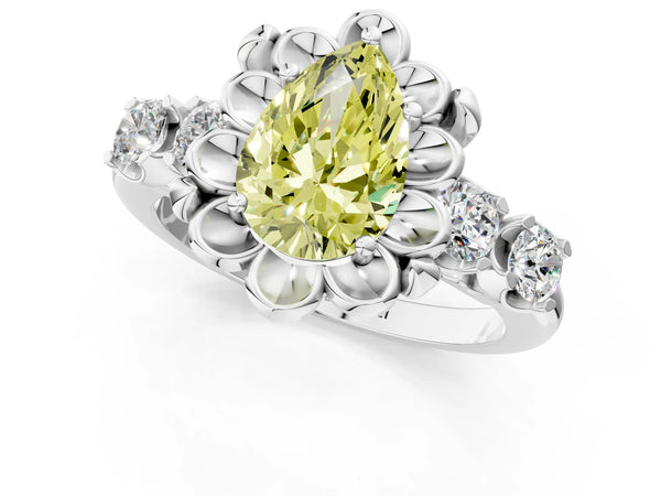 White gold Fancy Yellow Pear  Cut Diamond Floral Halo Engagement Ring with Shared Prong Setting