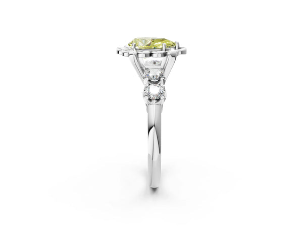White gold Fancy Yellow Pear  Cut Diamond Floral Halo Engagement Ring with Shared Prong Setting