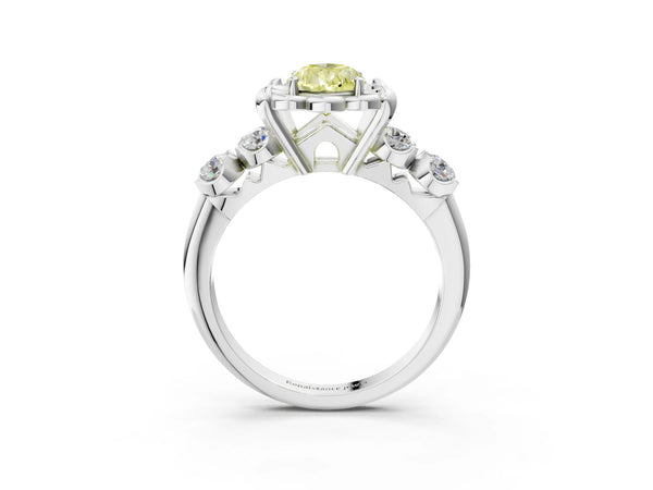 White gold Fancy Yellow Pear  Cut Diamond Floral Halo Engagement Ring with Shared Prong Setting