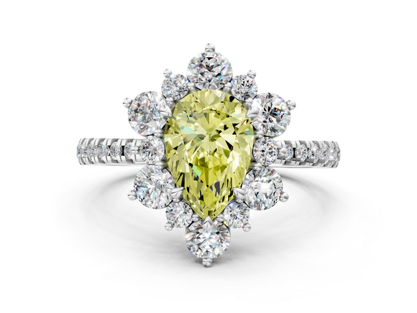 White gold Fancy Yellow Pear  Cut Diamond Floral Halo Pave Band with Prong Setting