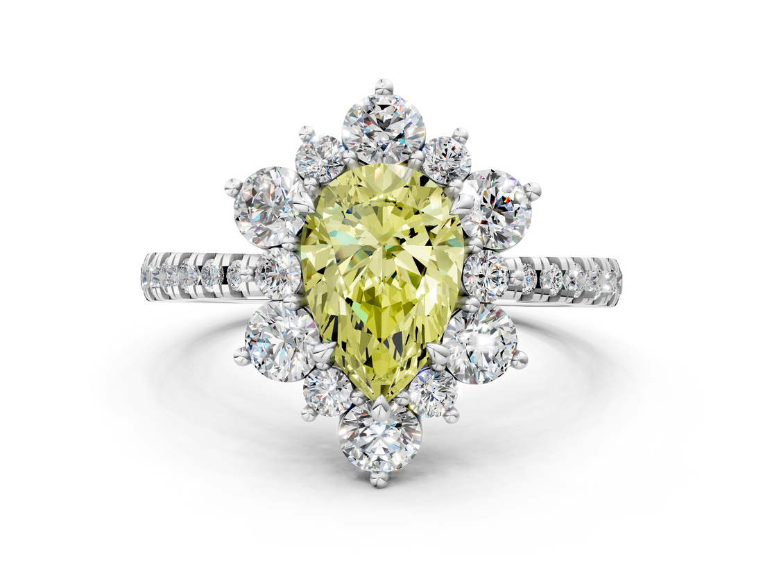 White gold Fancy Yellow Pear  Cut Diamond Floral Halo Pave Band with Prong Setting_37
