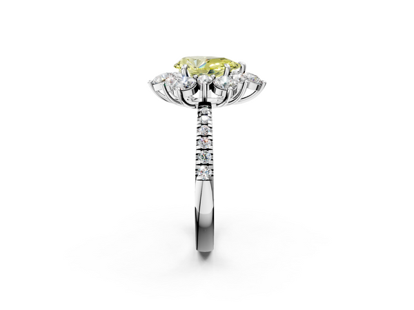 White gold Fancy Yellow Pear  Cut Diamond Floral Halo Pave Band with Prong Setting