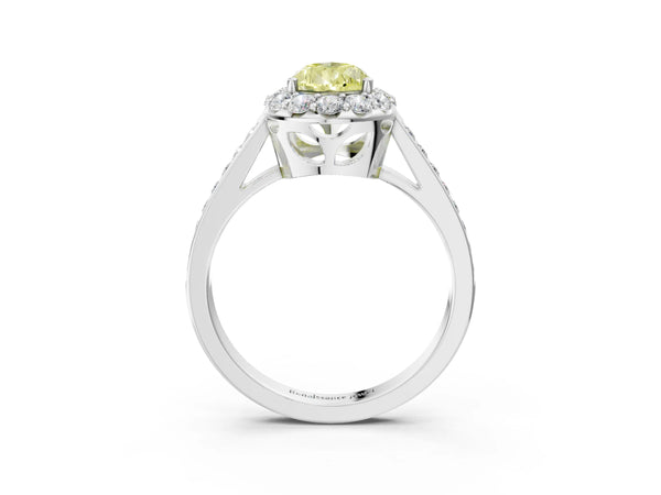 Platinum Fancy Yellow Pear Cut Diamond Floral Halo Ring with Pavé Band and Prong Setting