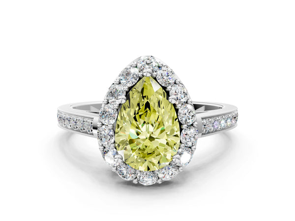 Platinum Fancy Yellow Pear Cut Diamond Floral Halo Ring with Pavé Band and Prong Setting