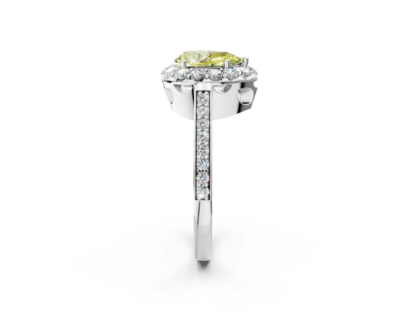 Platinum Fancy Yellow Pear Cut Diamond Floral Halo Ring with Pavé Band and Prong Setting