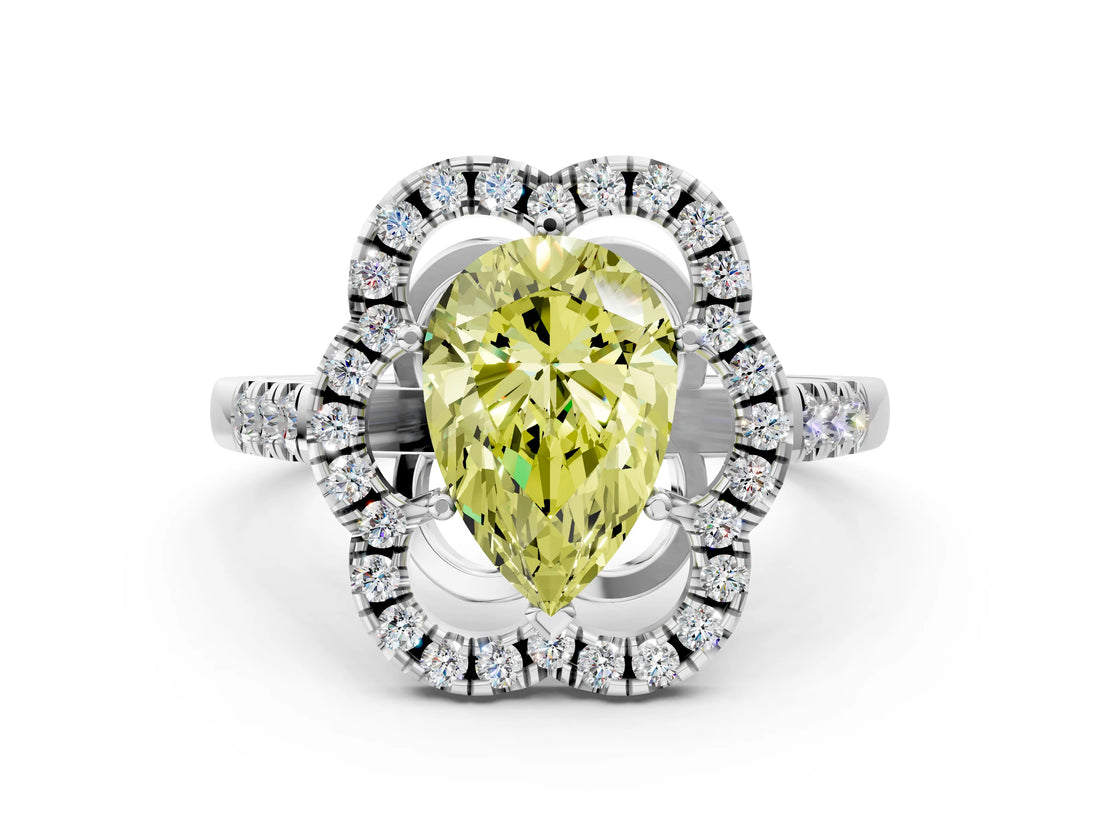 White gold Fancy Yellow Pear Cut Diamond Floral Halo Split Shank Prong Setting Ring_12