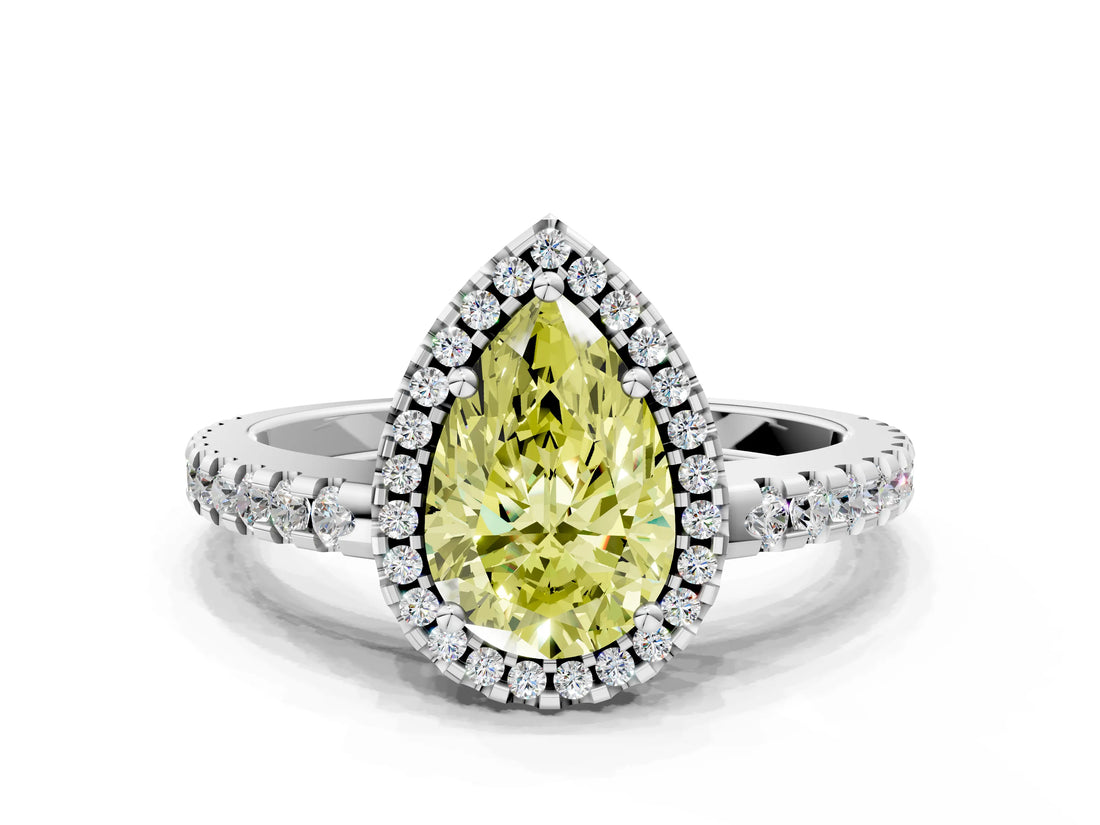 White gold Fancy Yellow Pear Cut Diamond Halo Engagement Ring with Pavé Band and Prong Setting_51