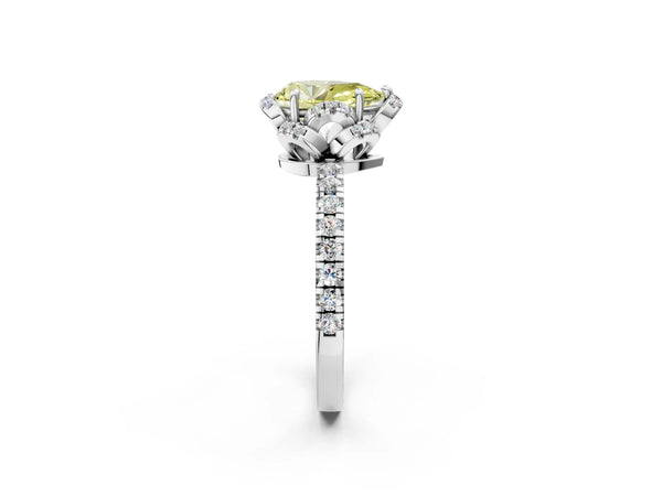 Platinum Fancy Yellow Pear Cut Diamond Halo Pave Band with Four-Prong Setting