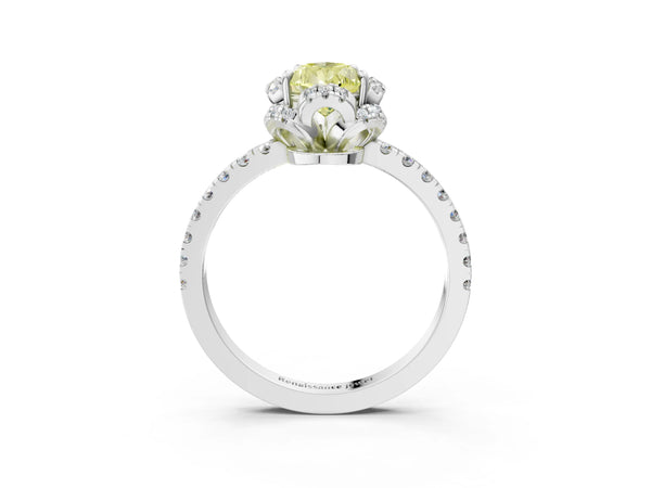 Platinum Fancy Yellow Pear Cut Diamond Halo Pave Band with Four-Prong Setting