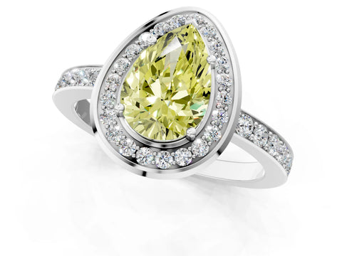 White gold Fancy Yellow Pear Cut Diamond Halo Ring with Bezel Frame and Pavé Band_1