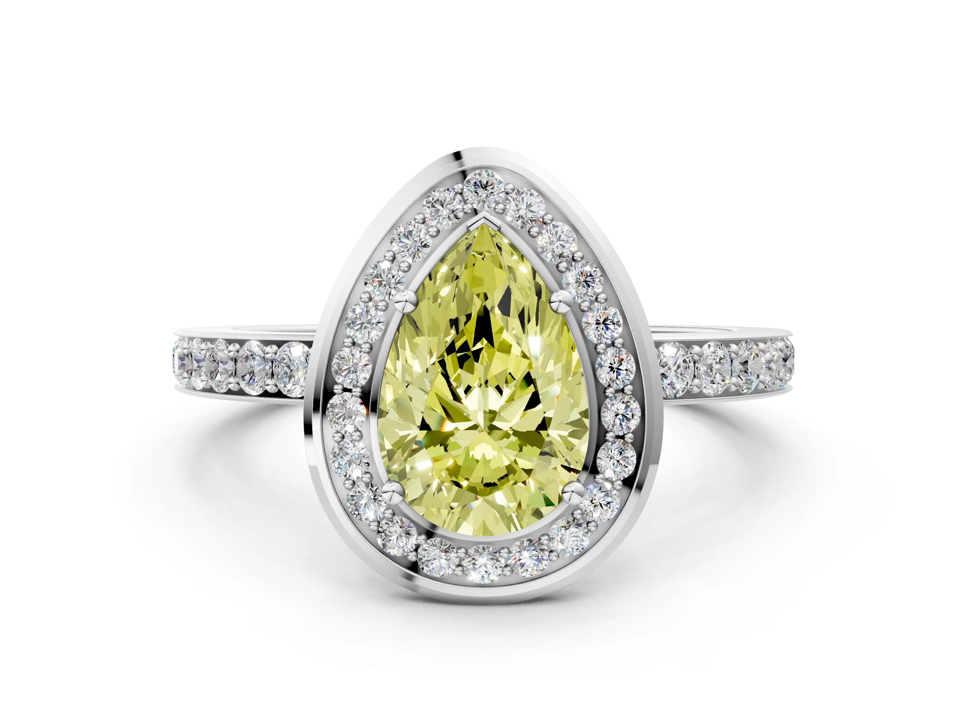 White gold Fancy Yellow Pear Cut Diamond Halo Ring with Bezel Frame and Pavé Band