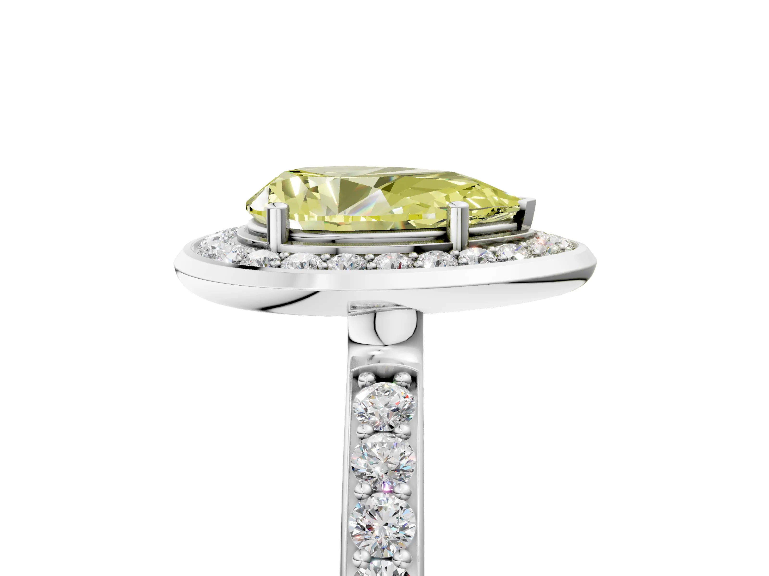 White gold Fancy Yellow Pear Cut Diamond Halo Ring with Bezel Frame and Pavé Band_5
