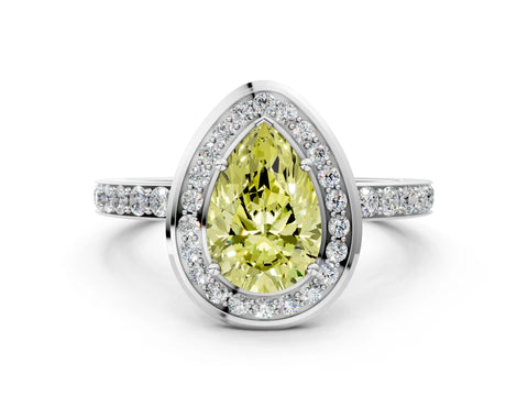 White gold Fancy Yellow Pear Cut Diamond Halo Ring with Bezel Frame and Pavé Band