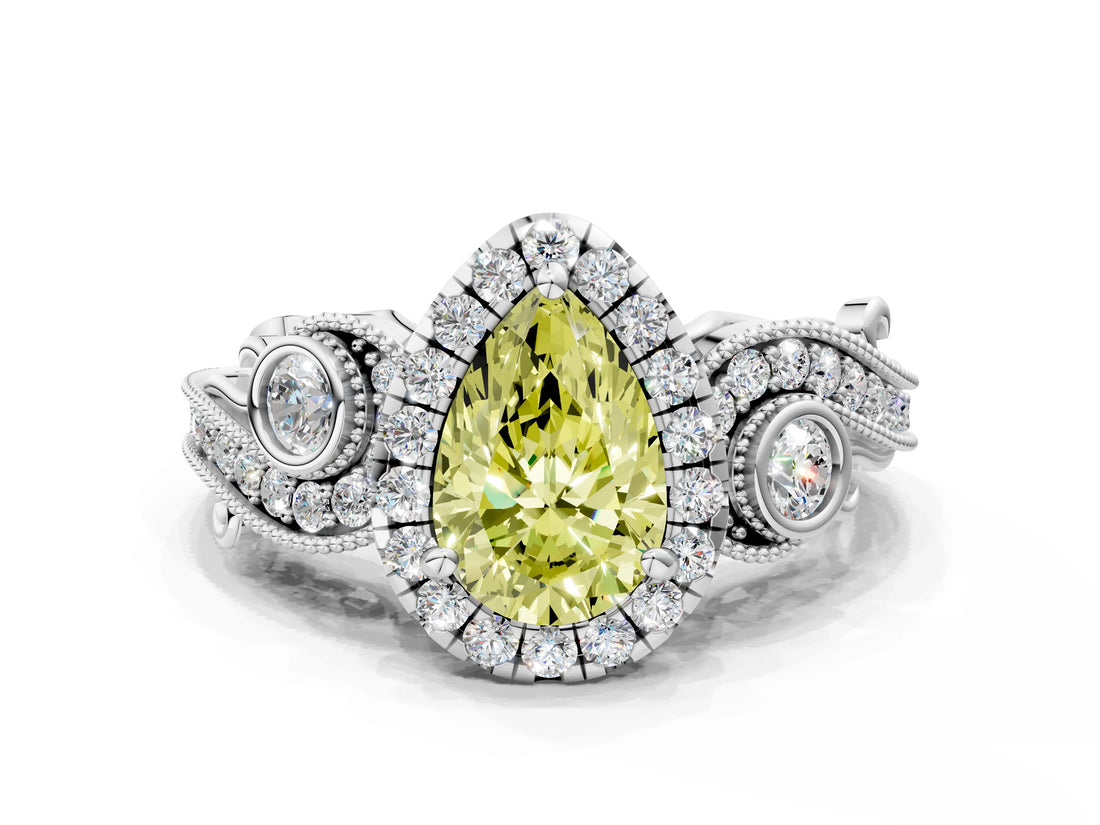 White gold Fancy Yellow Pear Cut Diamond Halo Ring with Milgrain Pavé Band and Four-Prong Setting_65