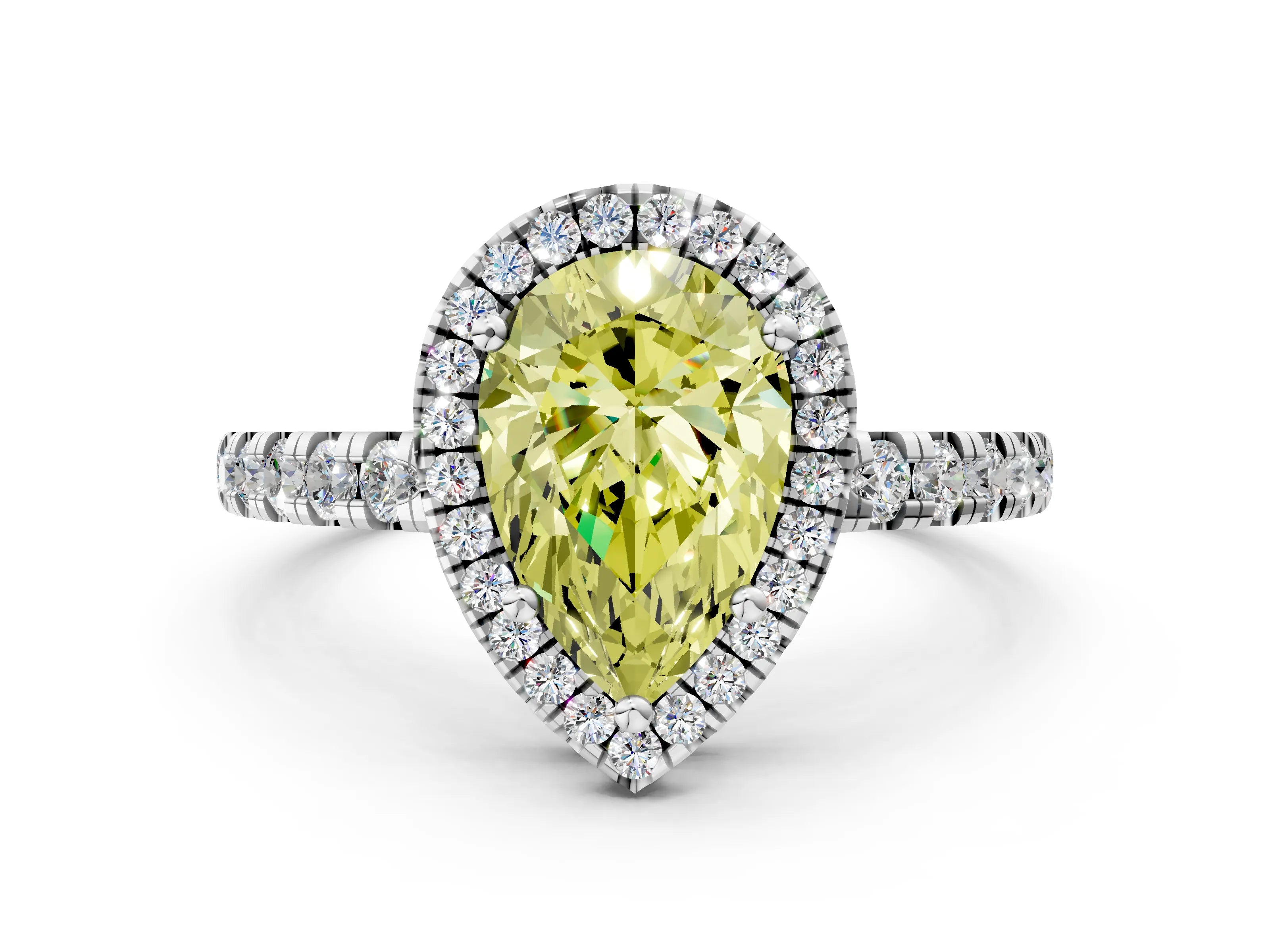 White gold Fancy Yellow Pear Cut Diamond Halo Ring with Pavé Band and Four-Prong Setting_12