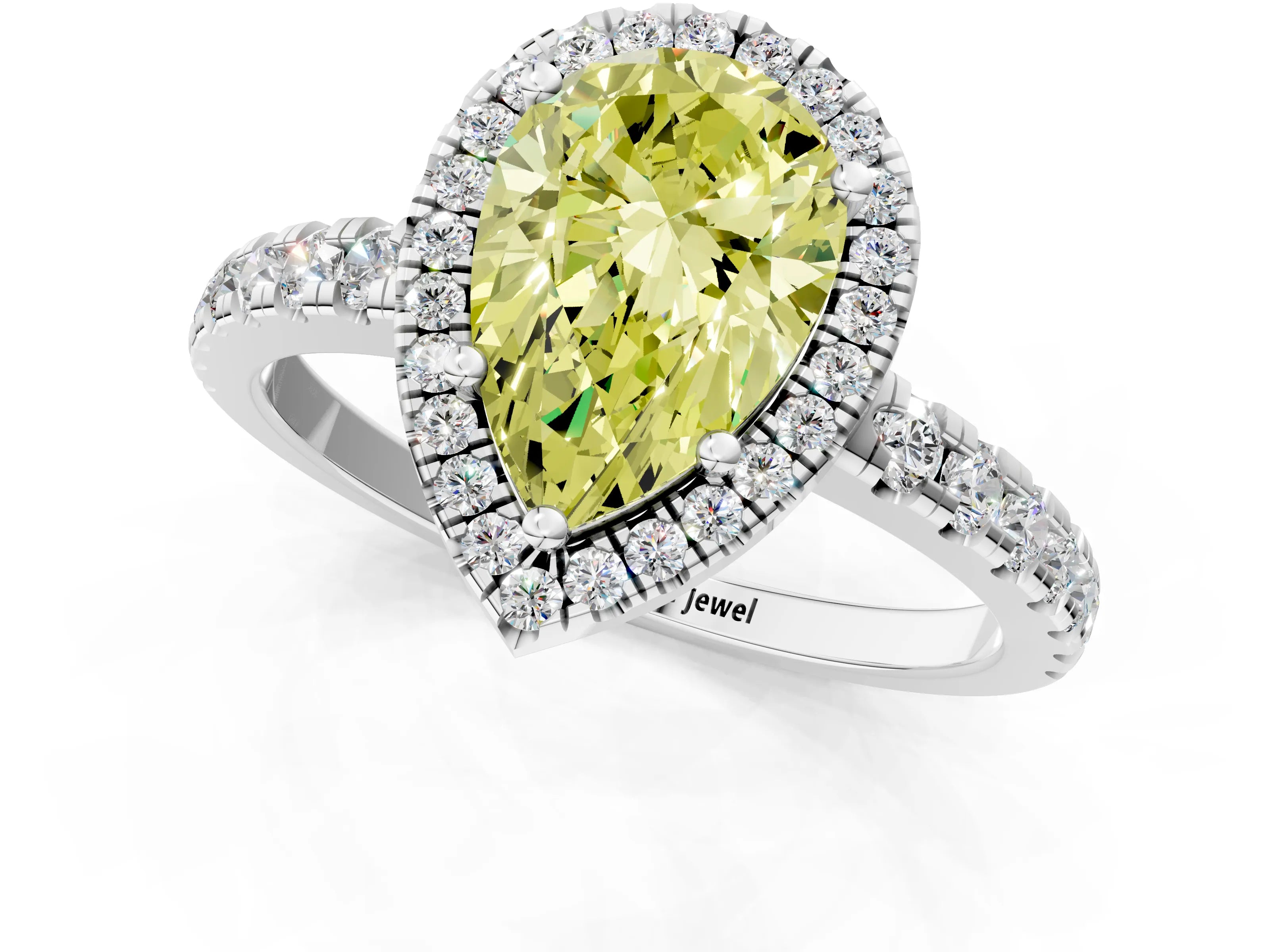 White gold Fancy Yellow Pear Cut Diamond Halo Ring with Pavé Band and Four-Prong Setting_13