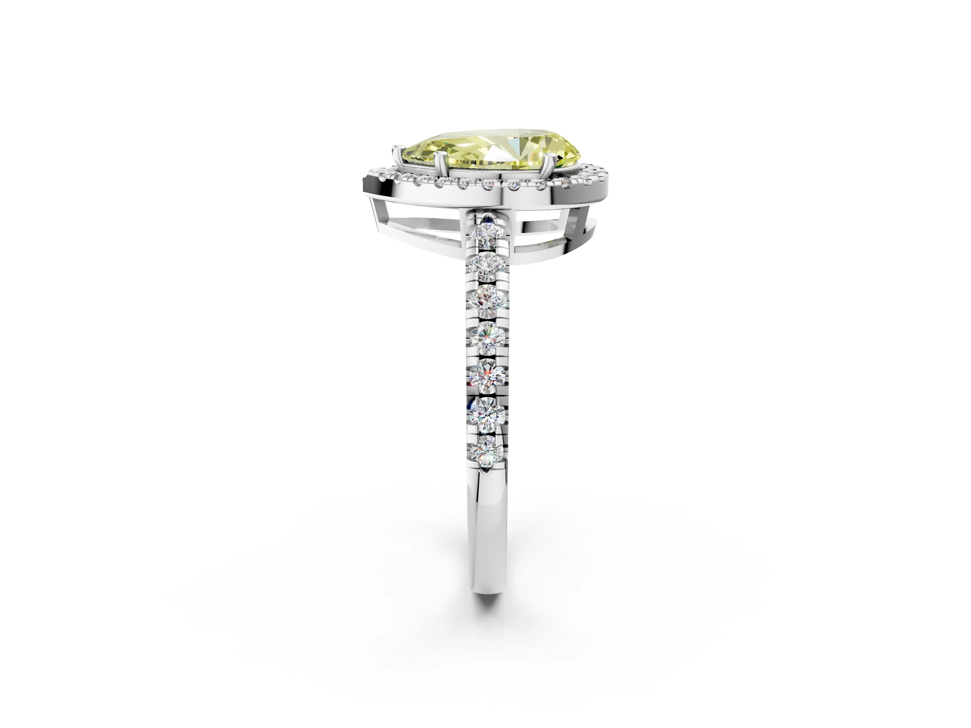 White gold Fancy Yellow Pear Cut Diamond Halo Ring with Pavé Band and Four-Prong Setting_14