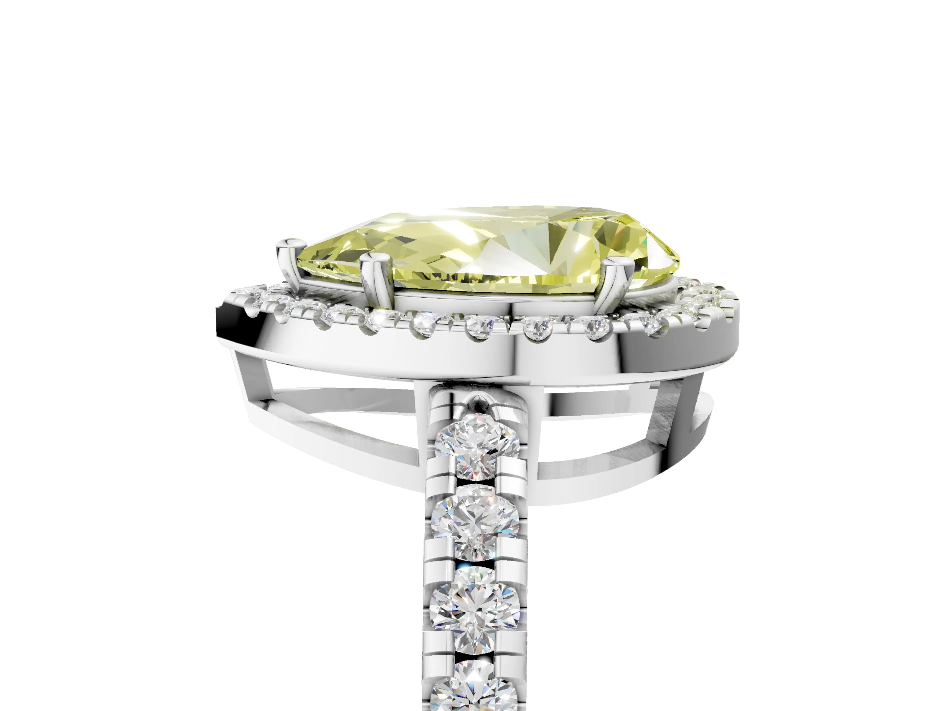 White gold Fancy Yellow Pear Cut Diamond Halo Ring with Pavé Band and Four-Prong Setting_17