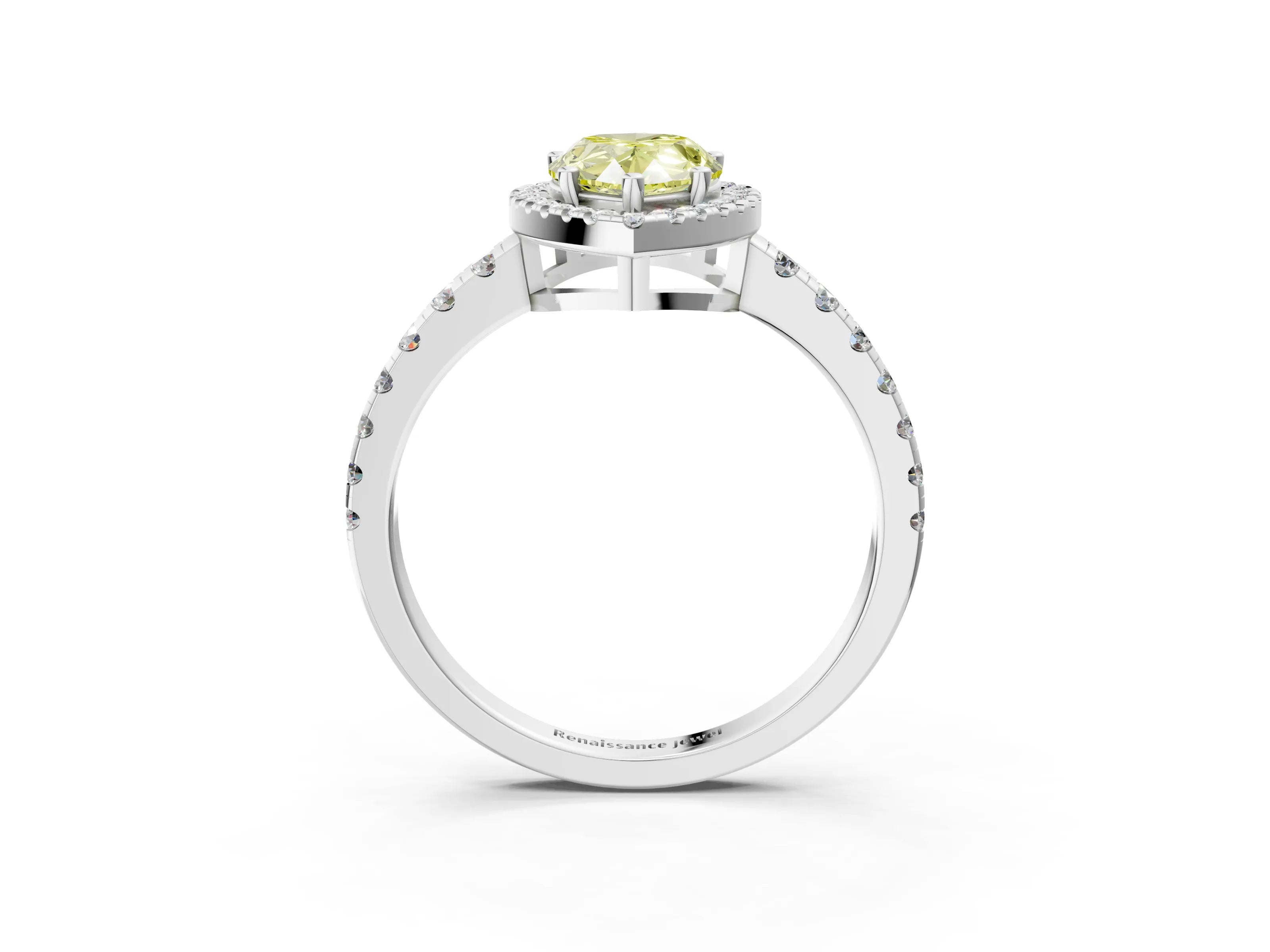 White gold Fancy Yellow Pear Cut Diamond Halo Ring with Pavé Band and Four-Prong Setting_3
