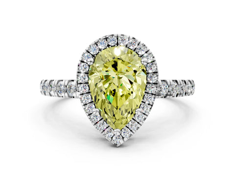 White gold Fancy Yellow Pear Cut Diamond Halo Ring with Pavé Band and Four-Prong Setting
