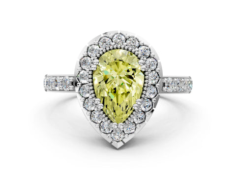 White gold Fancy Yellow Pear Cut Diamond Halo Ring with Pavé Band and Prong Setting_12
