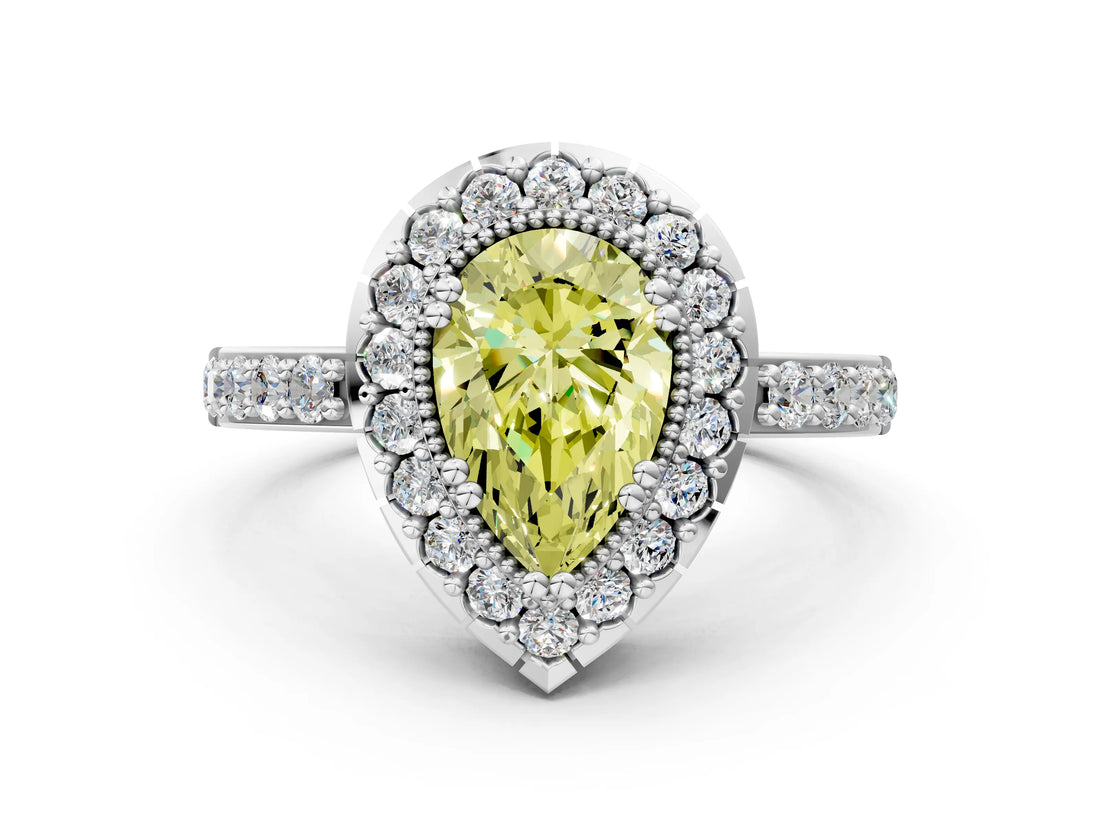 White gold Fancy Yellow Pear Cut Diamond Halo Ring with Pavé Band and Prong Setting_12