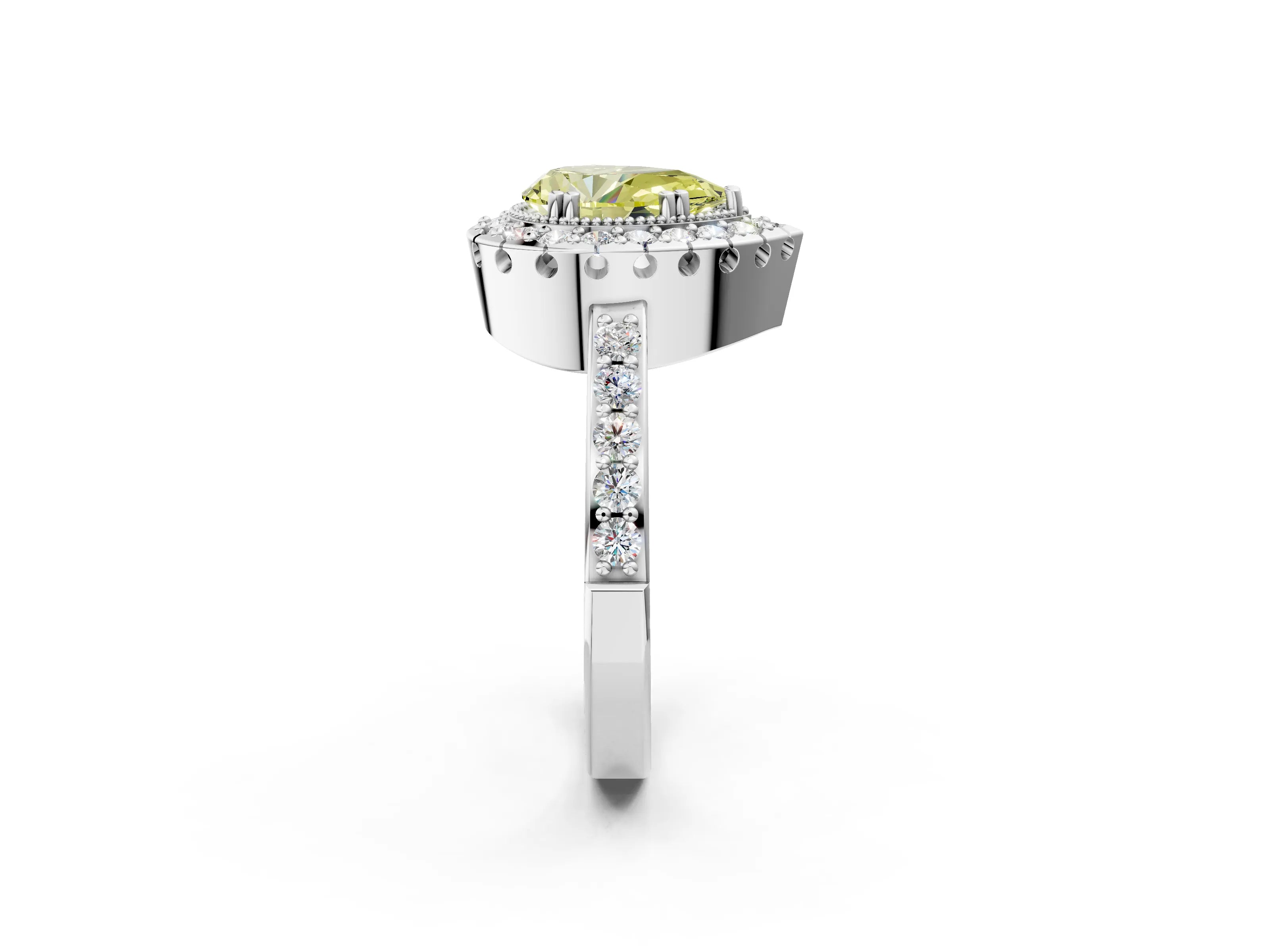 White gold Fancy Yellow Pear Cut Diamond Halo Ring with Pavé Band and Prong Setting_14