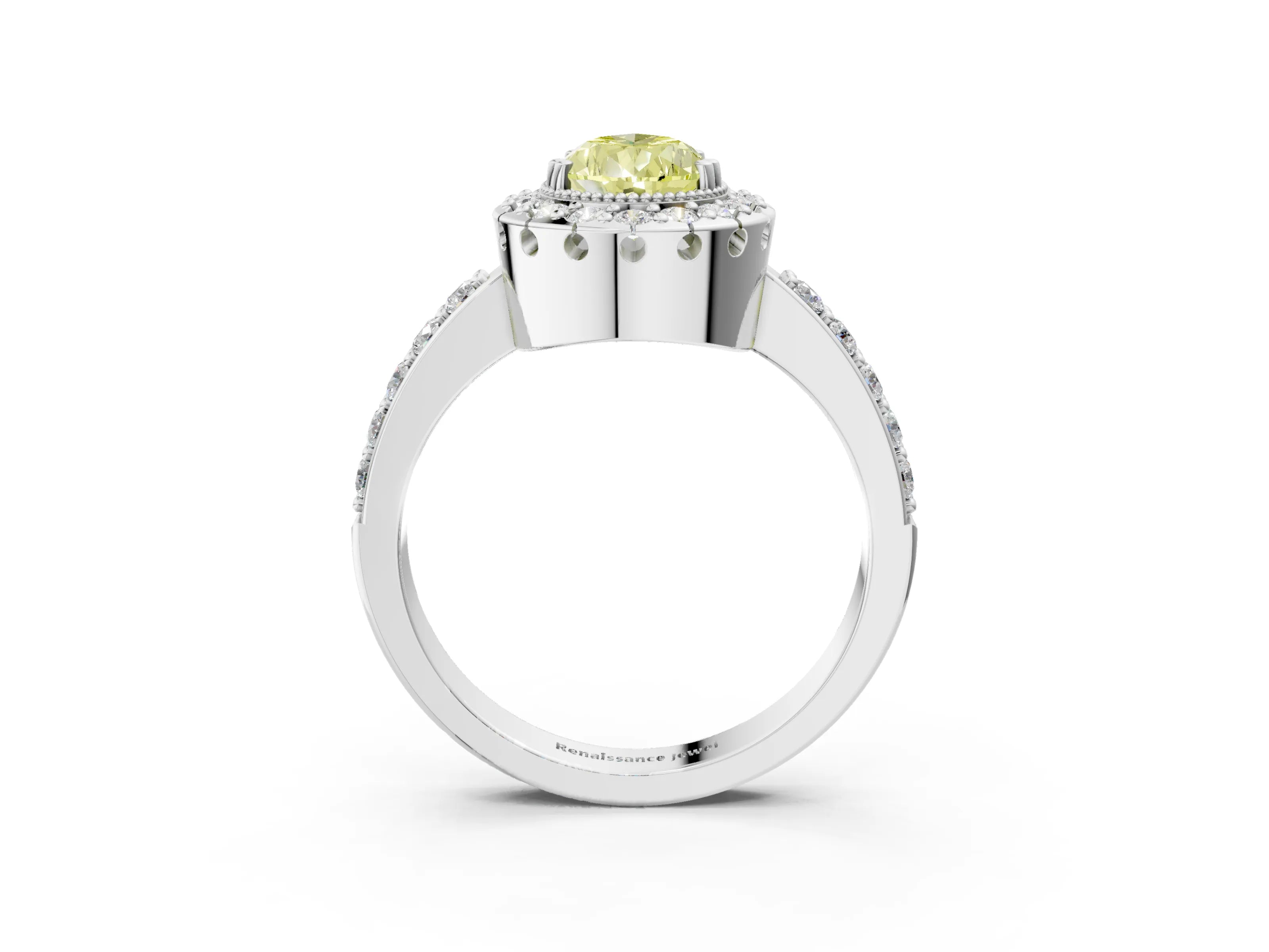 White gold Fancy Yellow Pear Cut Diamond Halo Ring with Pavé Band and Prong Setting_15