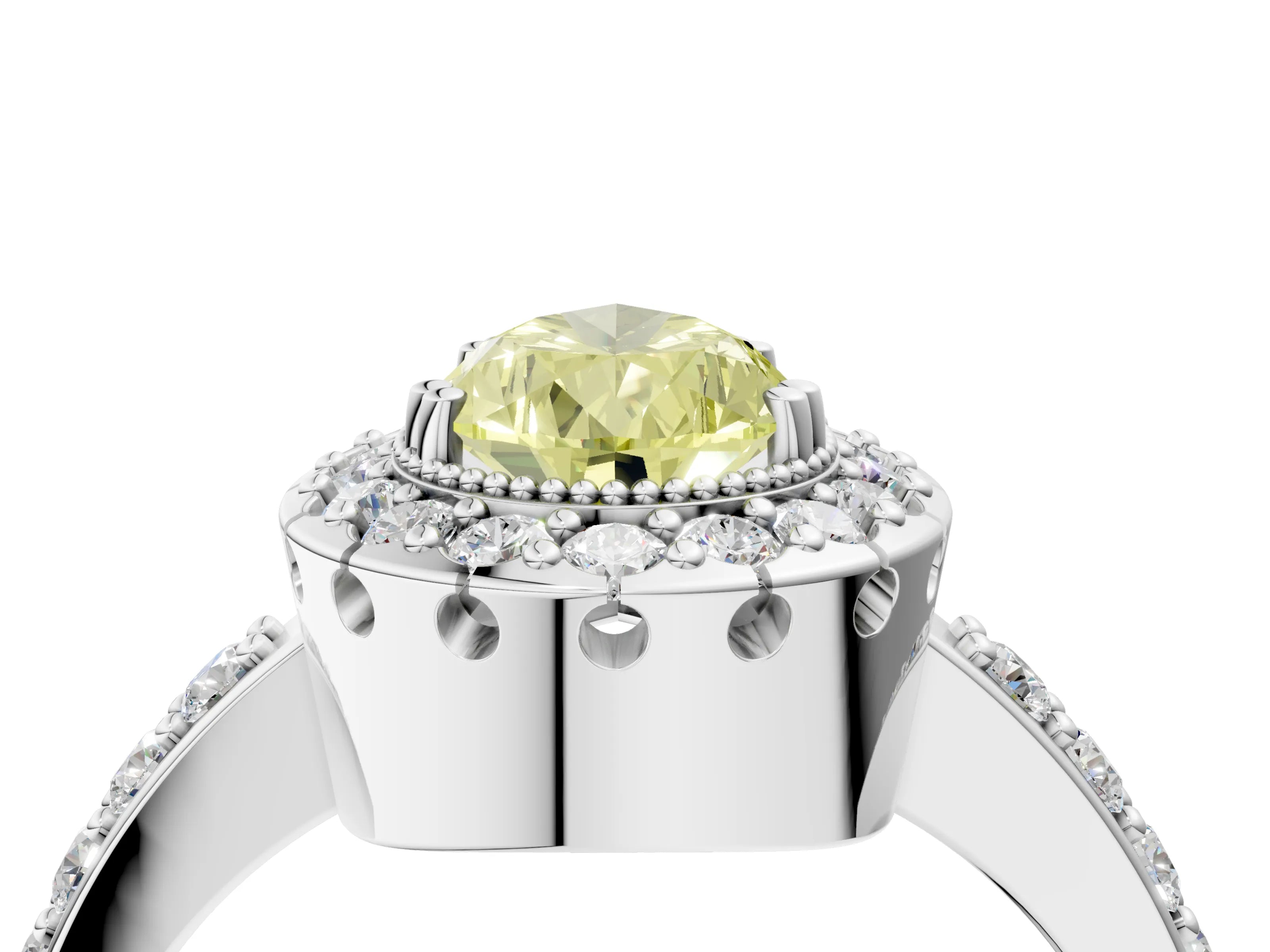 White gold Fancy Yellow Pear Cut Diamond Halo Ring with Pavé Band and Prong Setting_16
