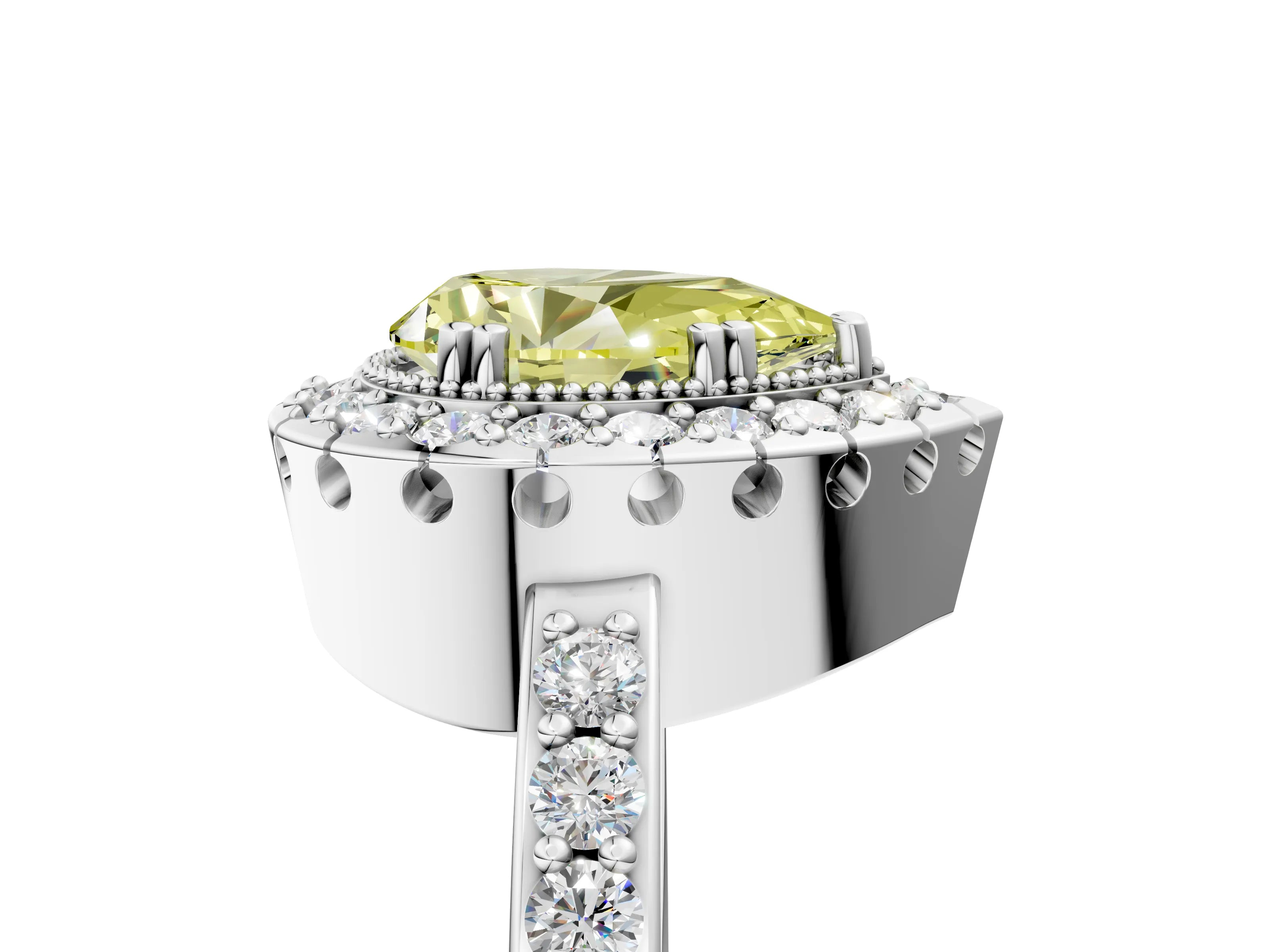 White gold Fancy Yellow Pear Cut Diamond Halo Ring with Pavé Band and Prong Setting_17
