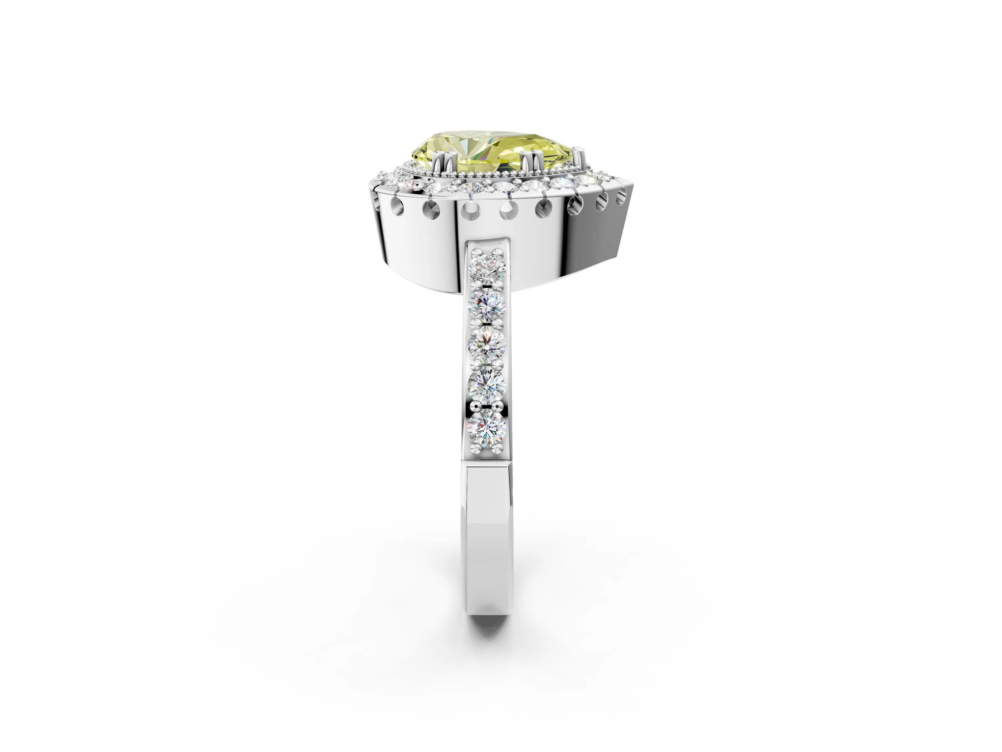 White gold Fancy Yellow Pear Cut Diamond Halo Ring with Pavé Band and Prong Setting_2