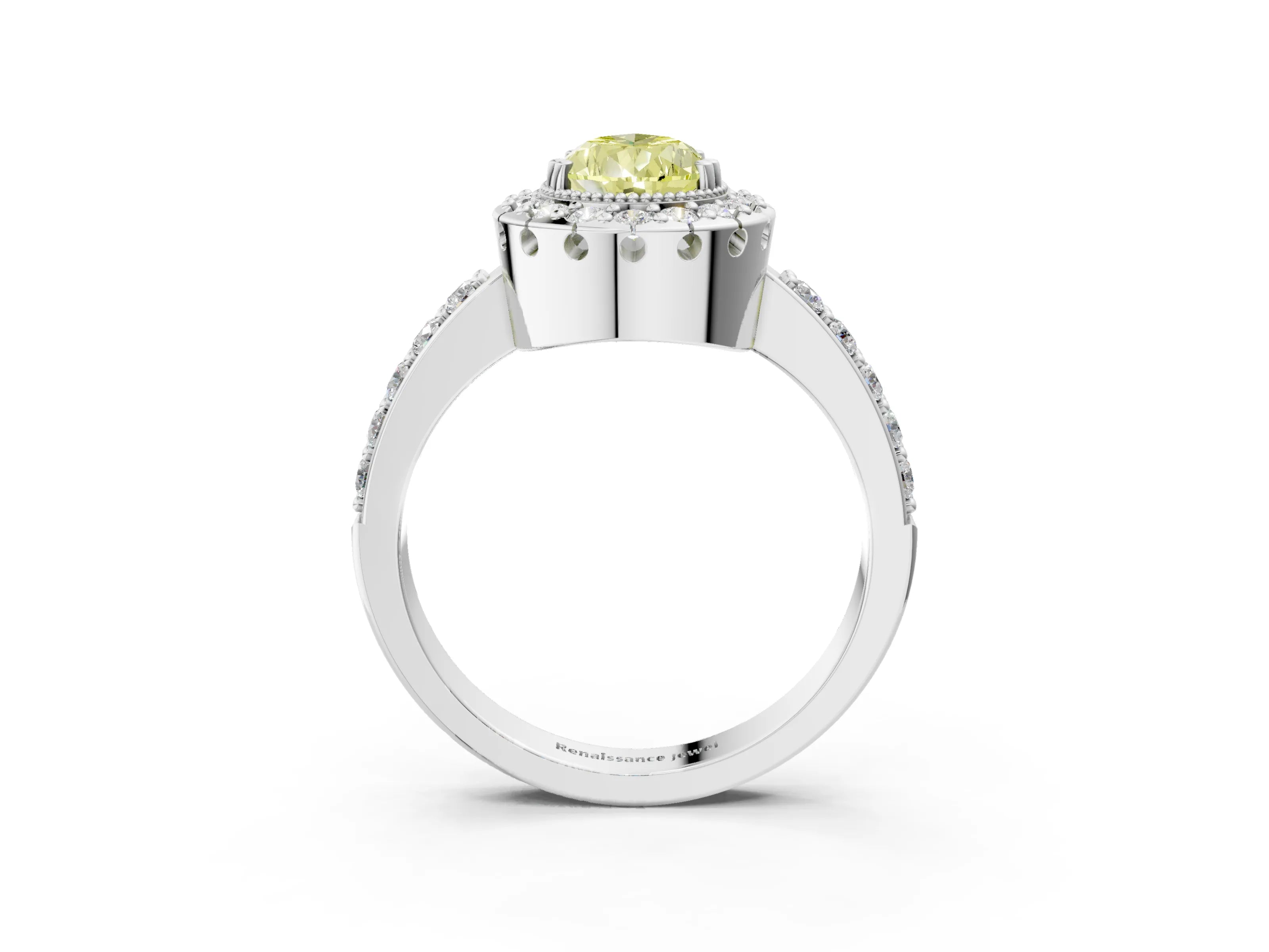 White gold Fancy Yellow Pear Cut Diamond Halo Ring with Pavé Band and Prong Setting_3