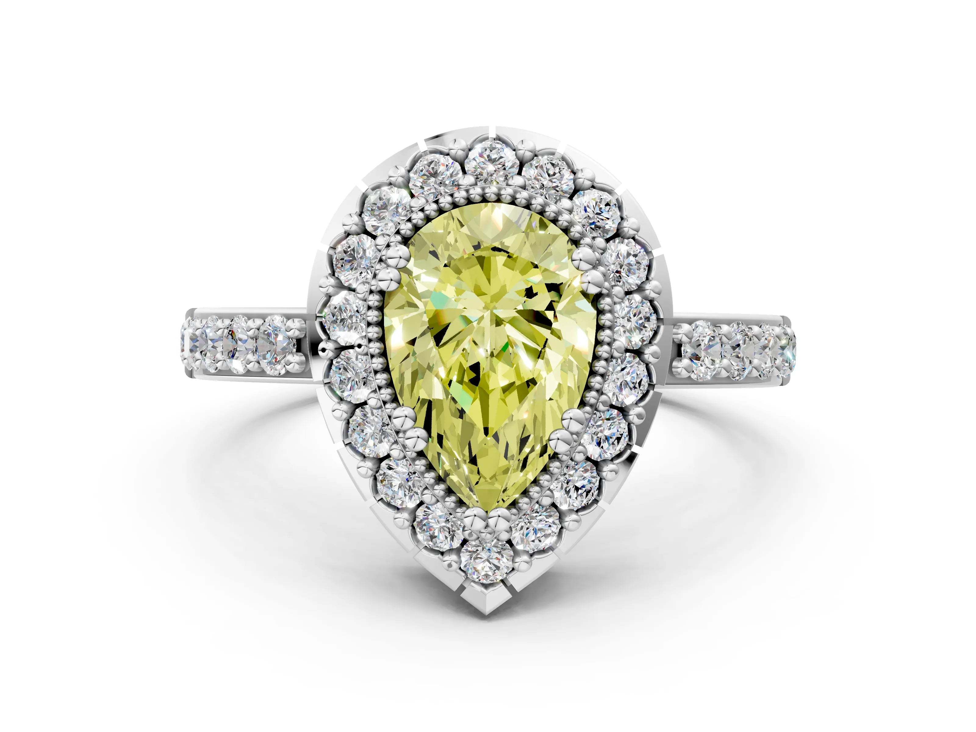 White gold Fancy Yellow Pear Cut Diamond Halo Ring with Pavé Band and Prong Setting