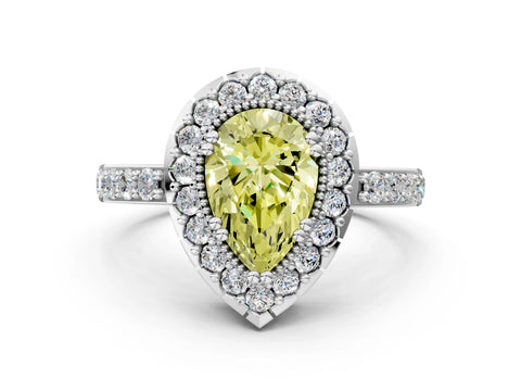 White gold Fancy Yellow Pear Cut Diamond Halo Ring with Pavé Band and Prong Setting