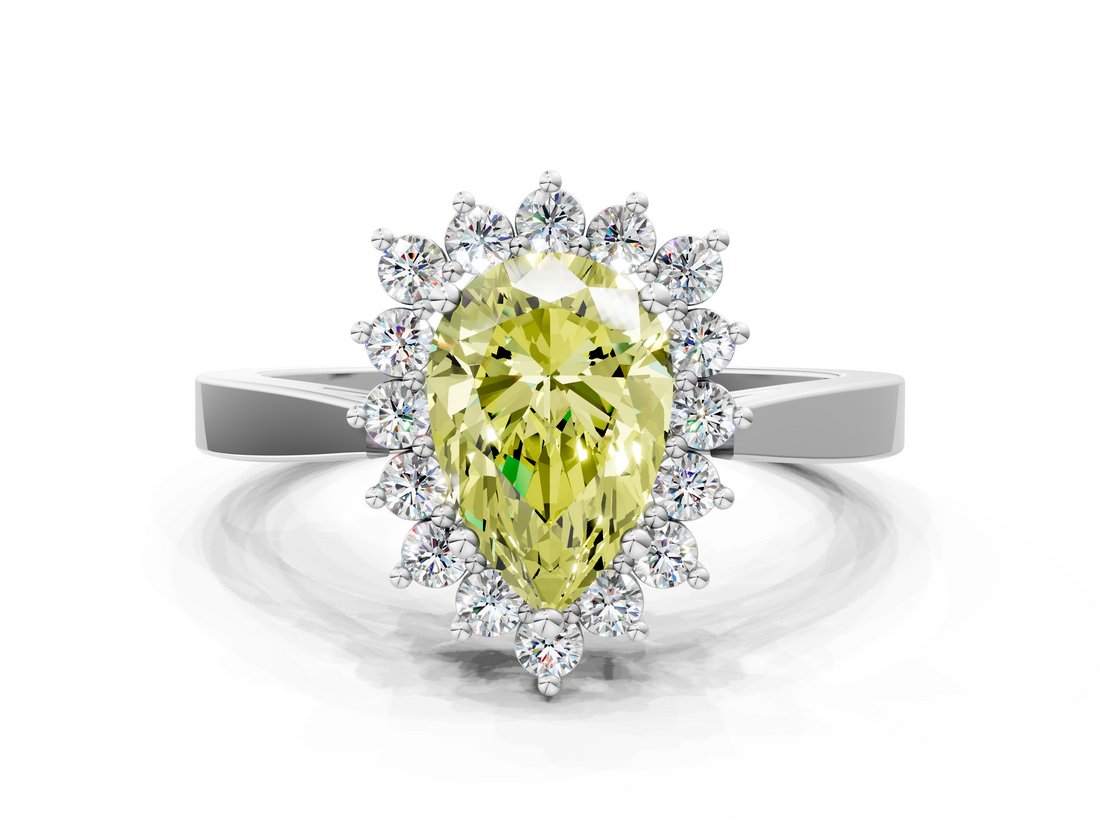 White gold Fancy Yellow Pear  Cut Diamond Halo Ring with Round Brilliant Halo and Solitaire Band_85