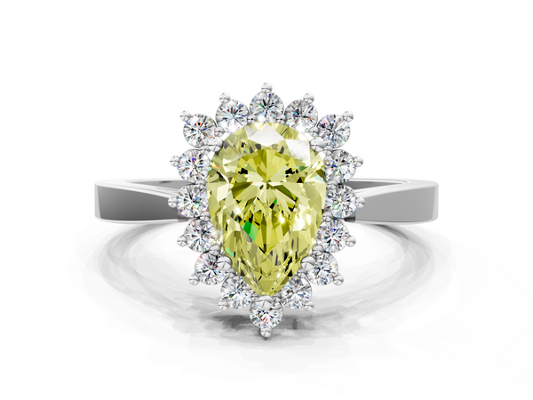 White gold Fancy Yellow Pear  Cut Diamond Halo Ring with Round Brilliant Halo and Solitaire Band