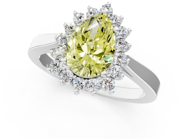 White gold Fancy Yellow Pear  Cut Diamond Halo Ring with Round Brilliant Halo and Solitaire Band