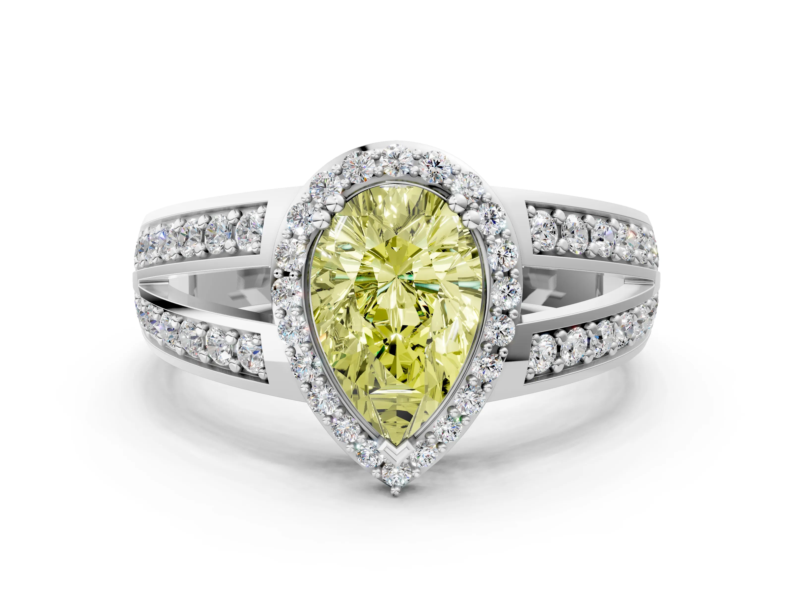 White gold Fancy Yellow Pear Cut Diamond Halo Ring with Split Shank Pavé Band and Four-Prong Setting_12