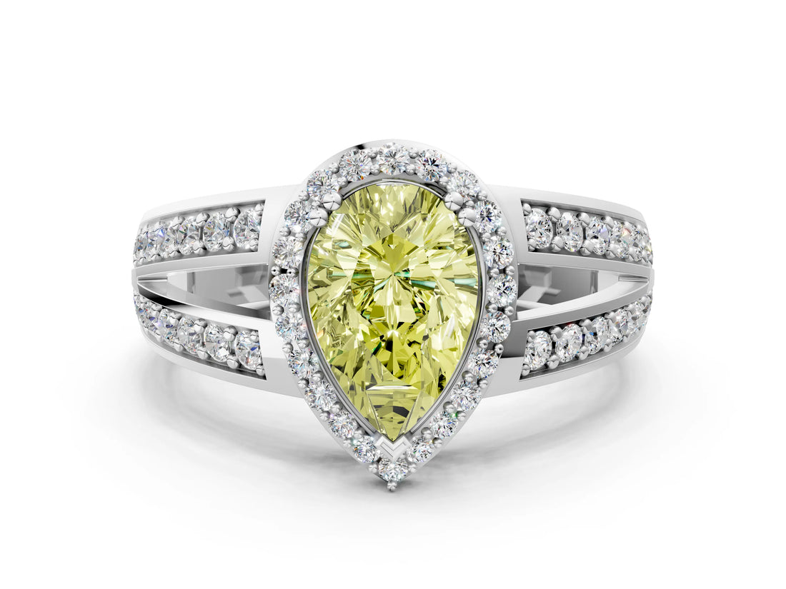 White gold Fancy Yellow Pear Cut Diamond Halo Ring with Split Shank Pavé Band and Four-Prong Setting_12
