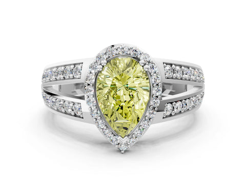 White gold Fancy Yellow Pear Cut Diamond Halo Ring with Split Shank Pavé Band and Four-Prong Setting_12