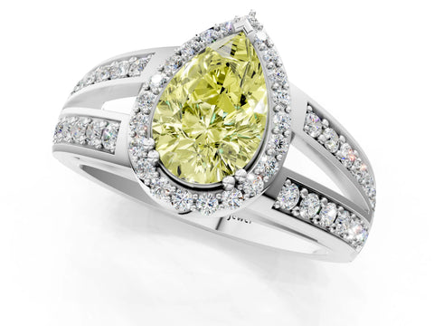 White gold Fancy Yellow Pear Cut Diamond Halo Ring with Split Shank Pavé Band and Four-Prong Setting_13