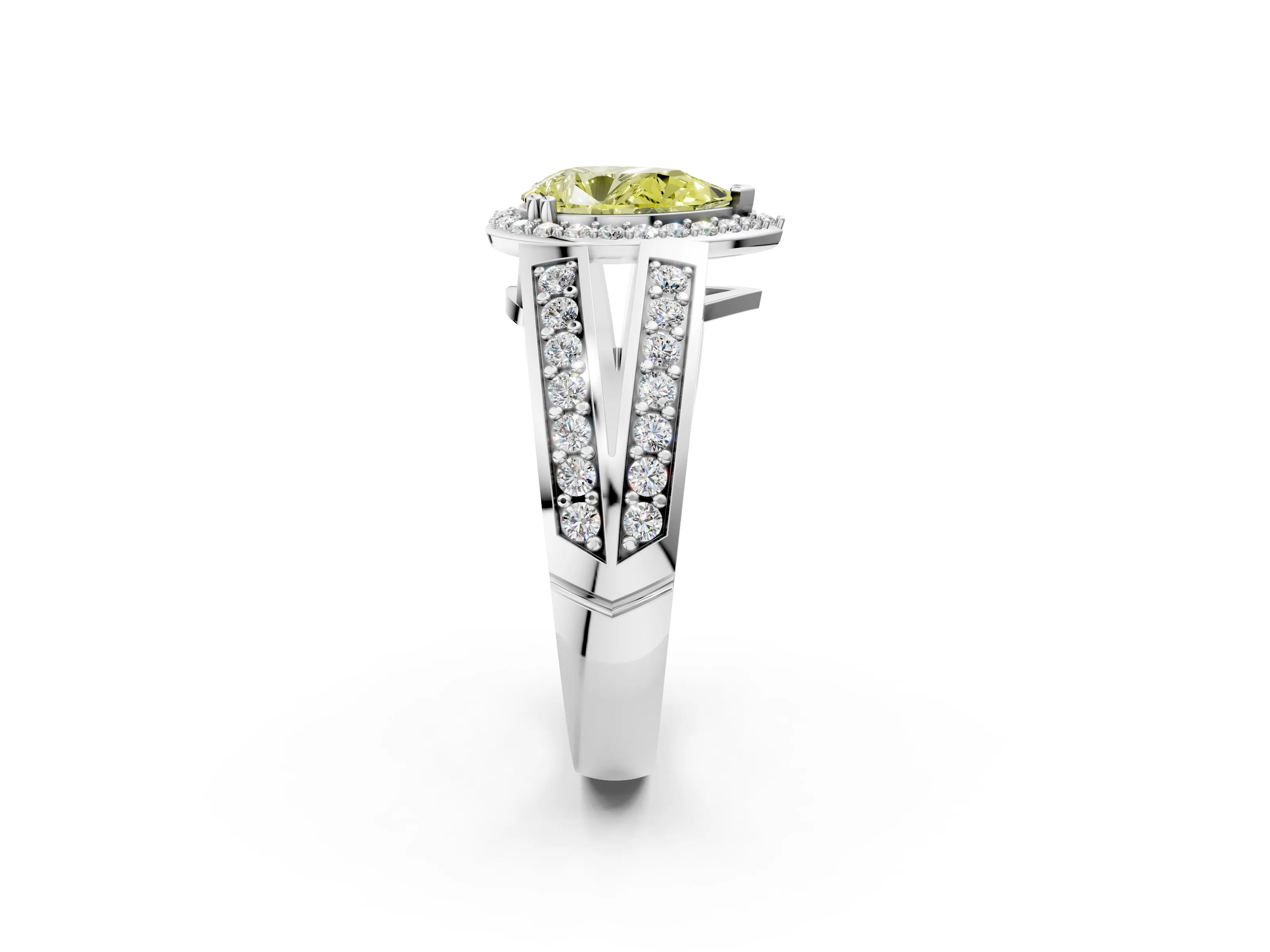 White gold Fancy Yellow Pear Cut Diamond Halo Ring with Split Shank Pavé Band and Four-Prong Setting_14