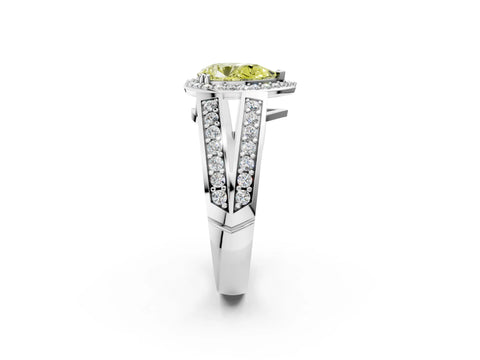 White gold Fancy Yellow Pear Cut Diamond Halo Ring with Split Shank Pavé Band and Four-Prong Setting_14
