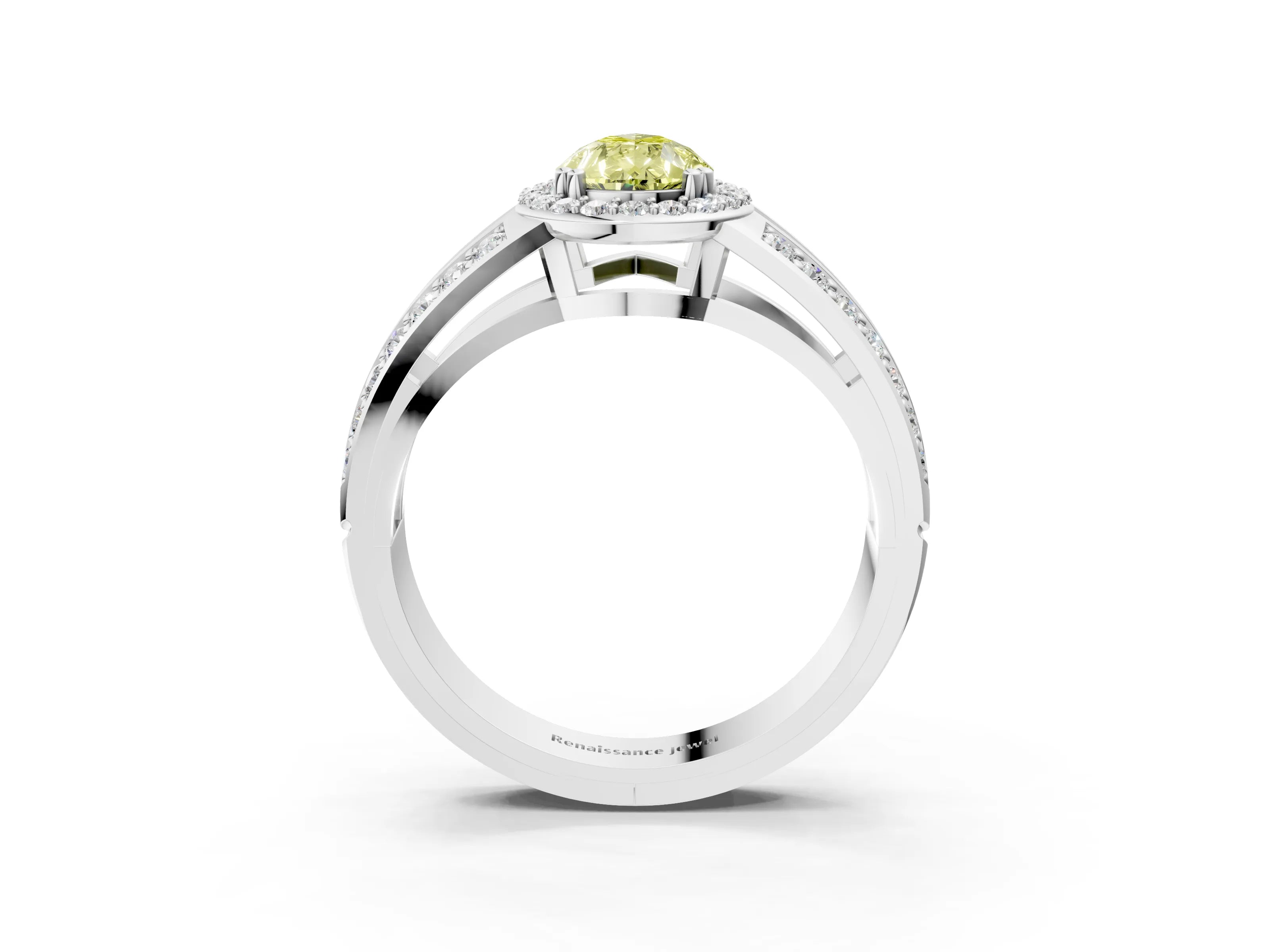 White gold Fancy Yellow Pear Cut Diamond Halo Ring with Split Shank Pavé Band and Four-Prong Setting_15