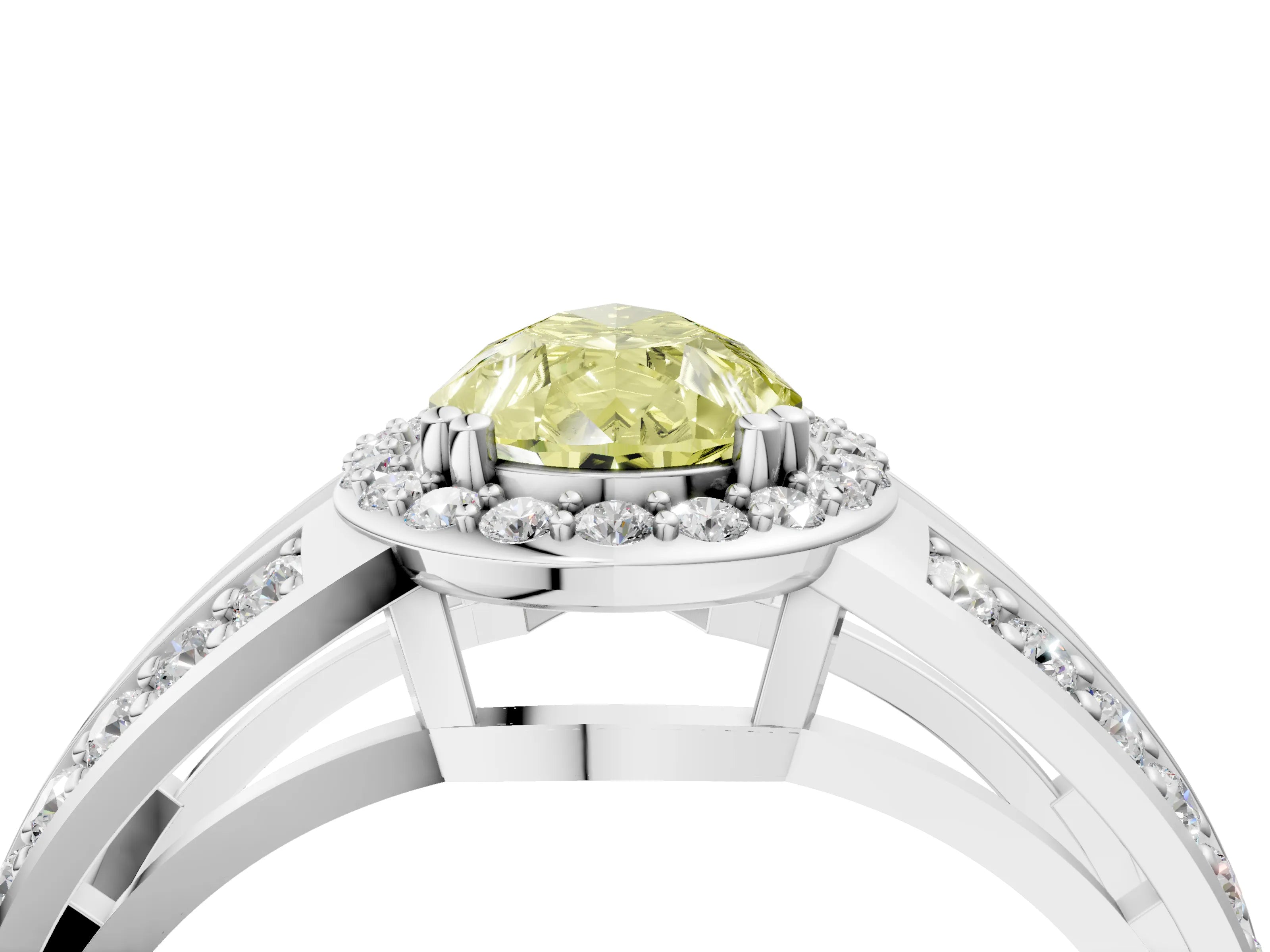 White gold Fancy Yellow Pear Cut Diamond Halo Ring with Split Shank Pavé Band and Four-Prong Setting_16